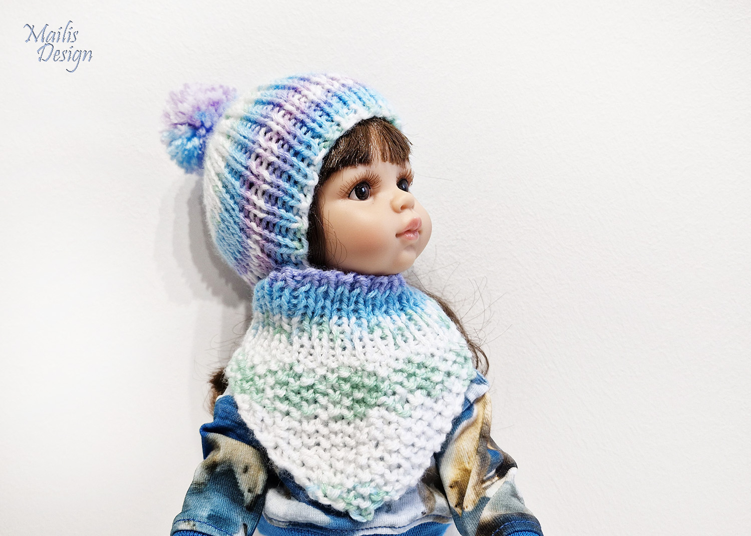 Nuku müts (pü 22cm) ja kaelussall, türkiis/lilla