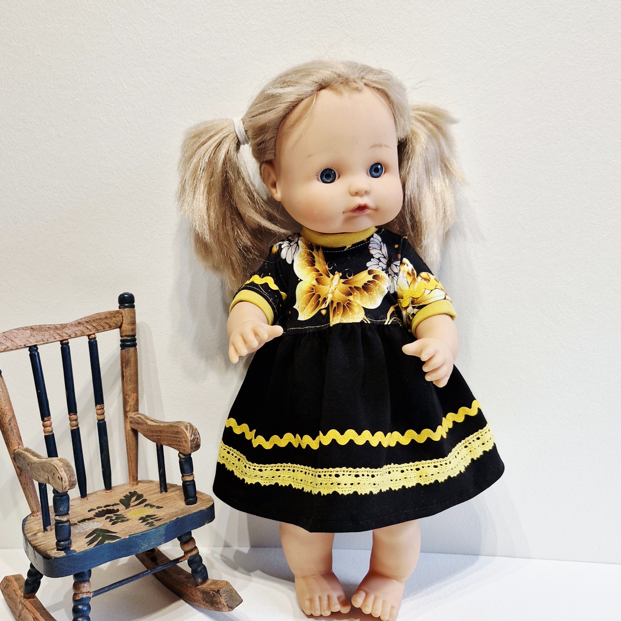 Doll clothes for a 38 cm doll: dress and trousers, butterflies, yellow lace.