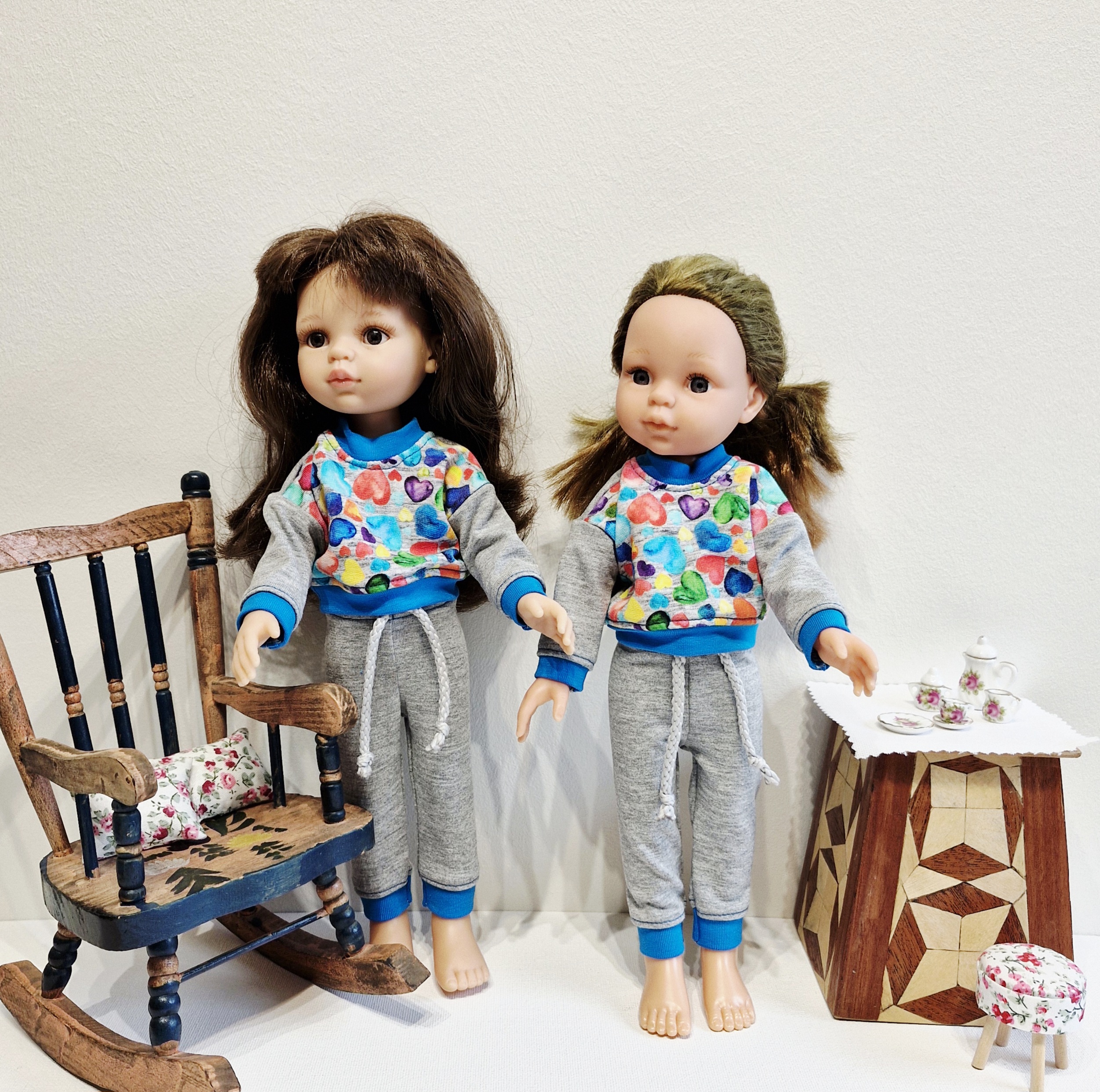 32 cm Paola Reina doll clothes, tracksuit, gray-blue-hearts