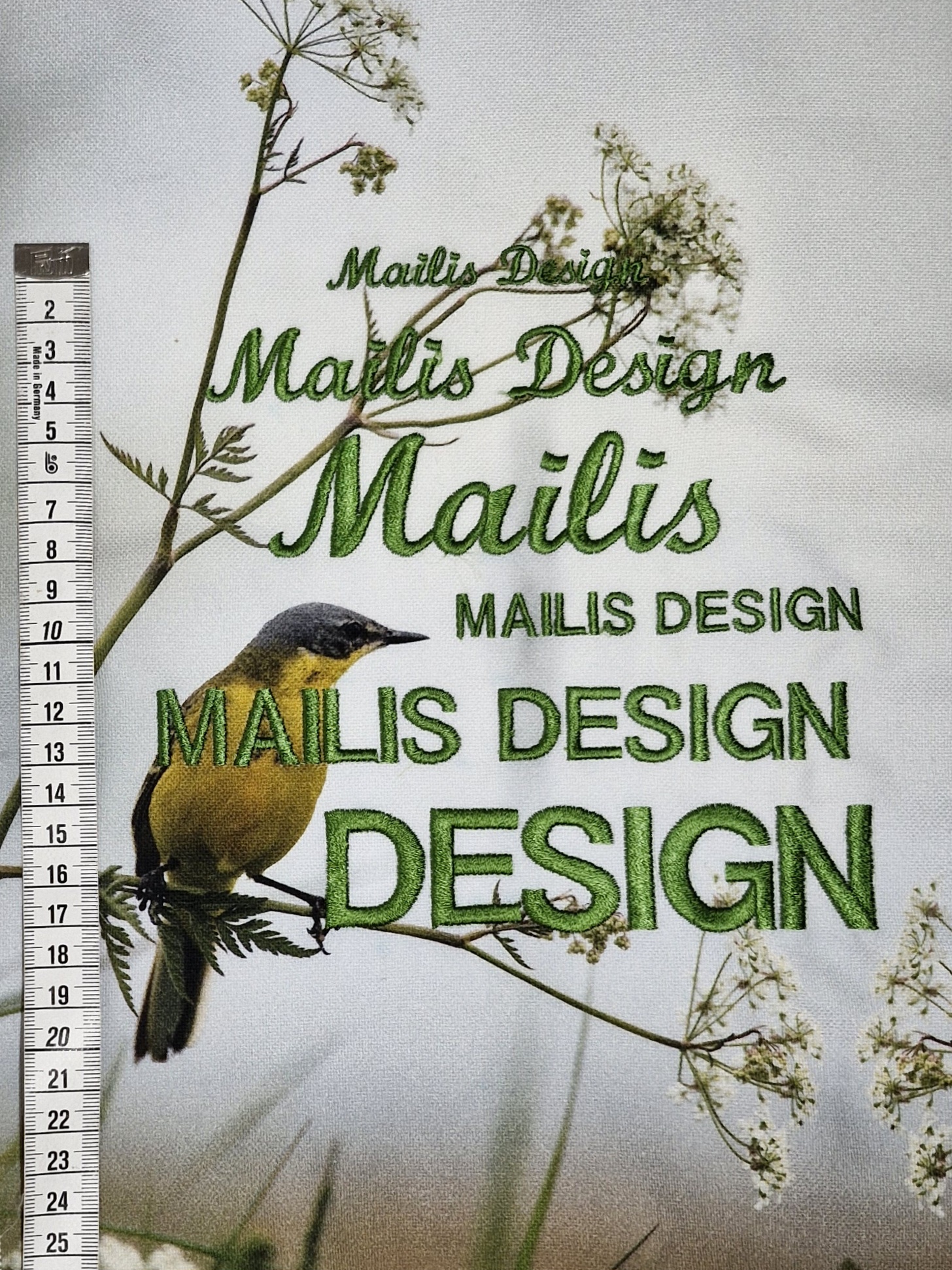 Name or text embroidery for our products – textiles and bags.