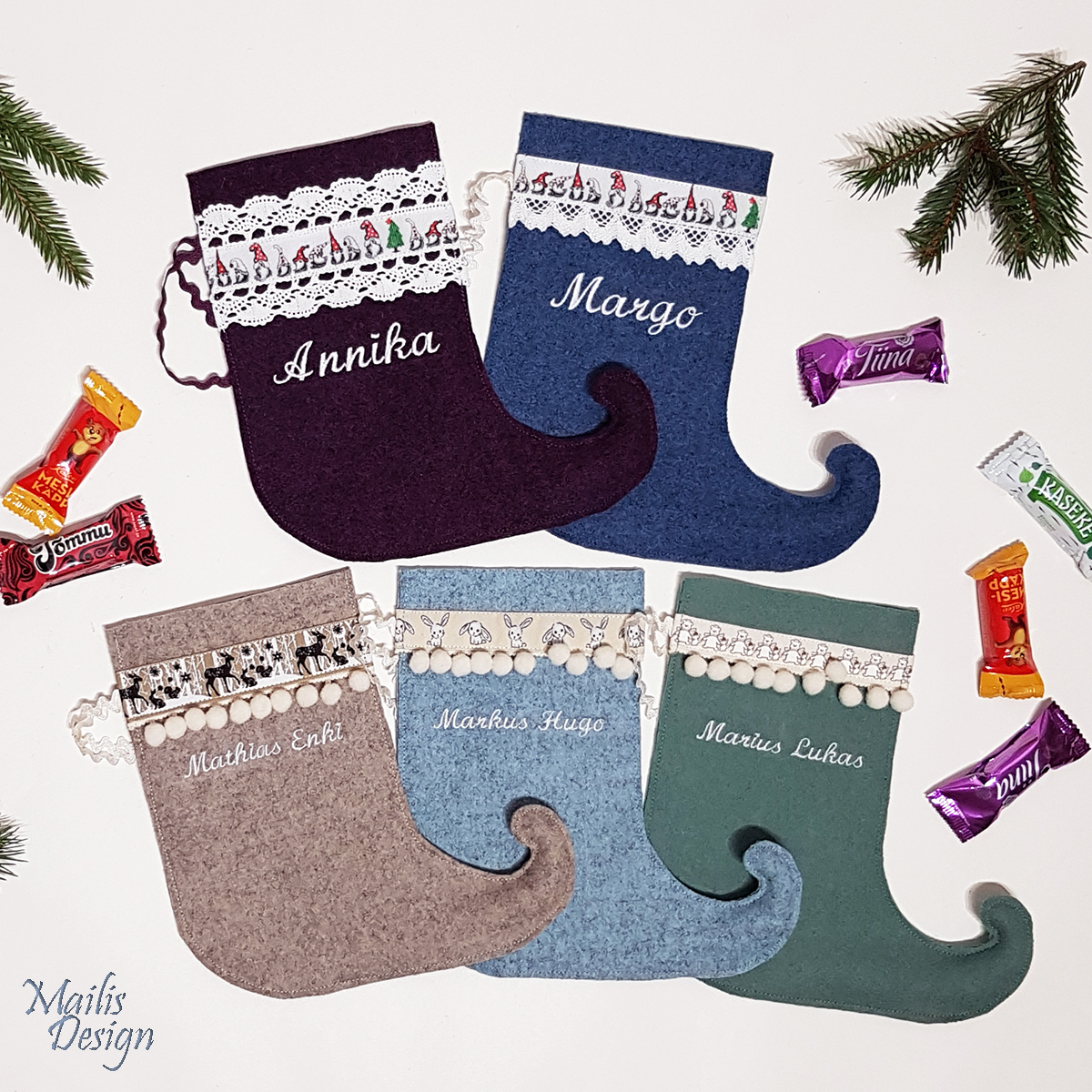Embroidered Christmas stocking, wool felt (L 12 cm)