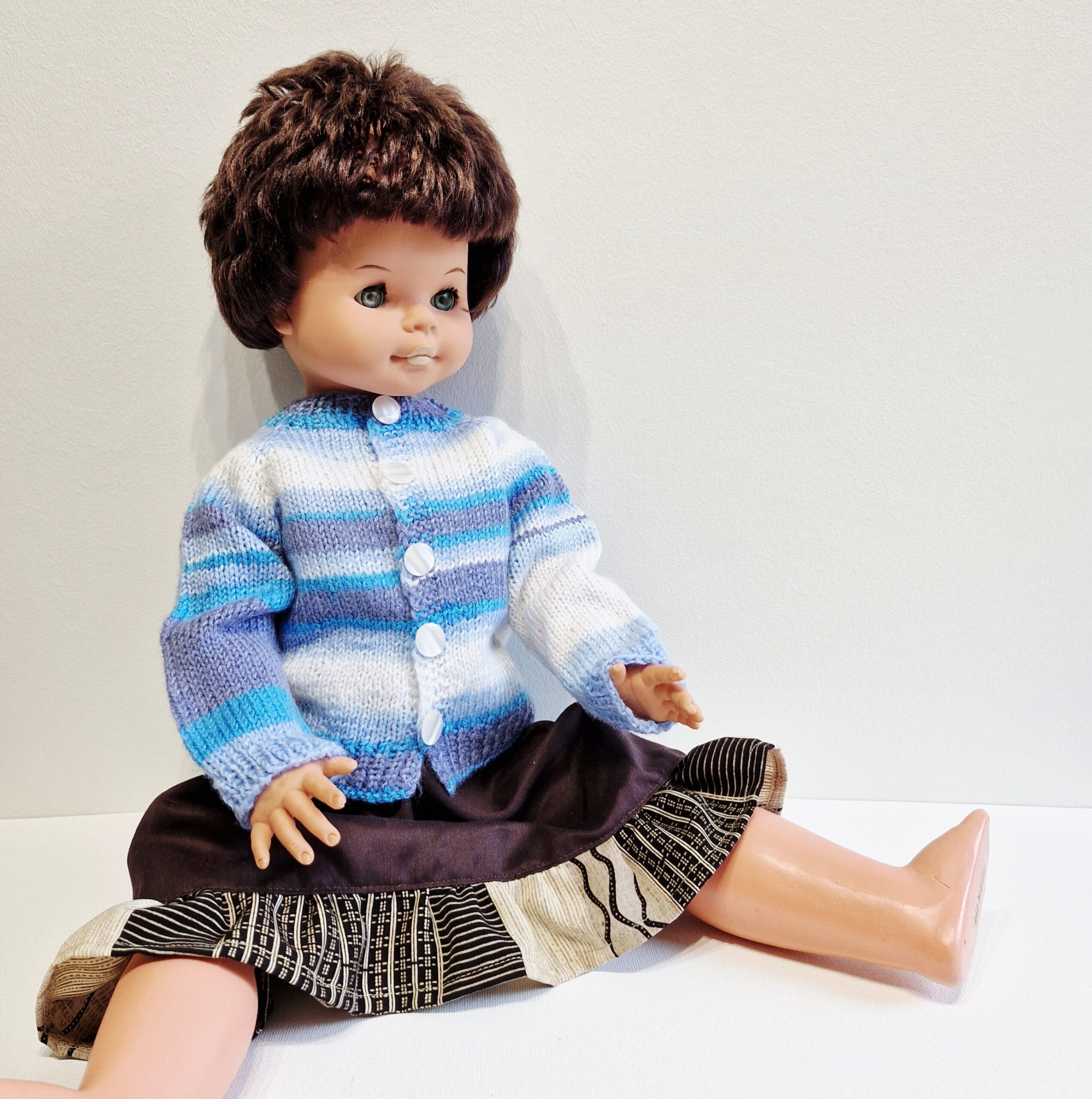 Doll clothes for a 60 cm doll, knitted sweater, blue, white buttons