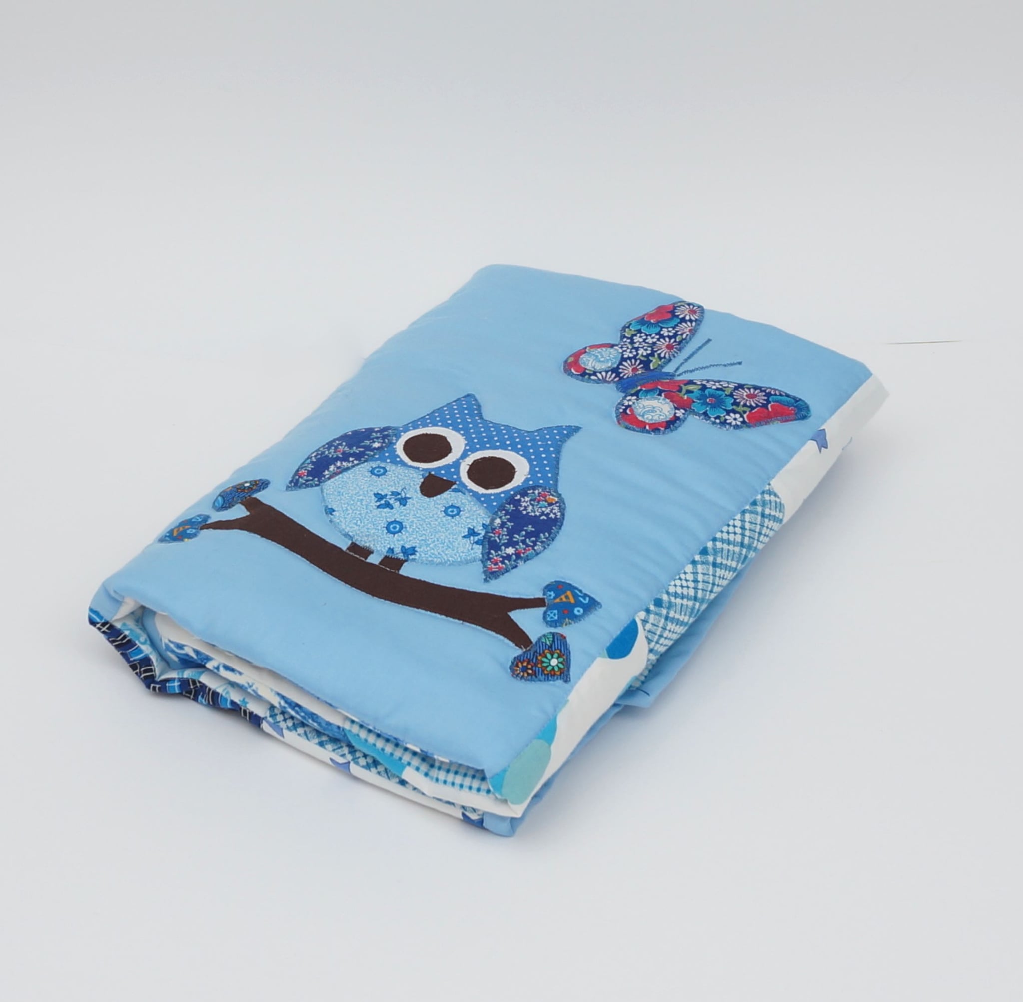617 Baby Quilt/Patchwork Blanket with an Owl (95 x 80 cm), Blue